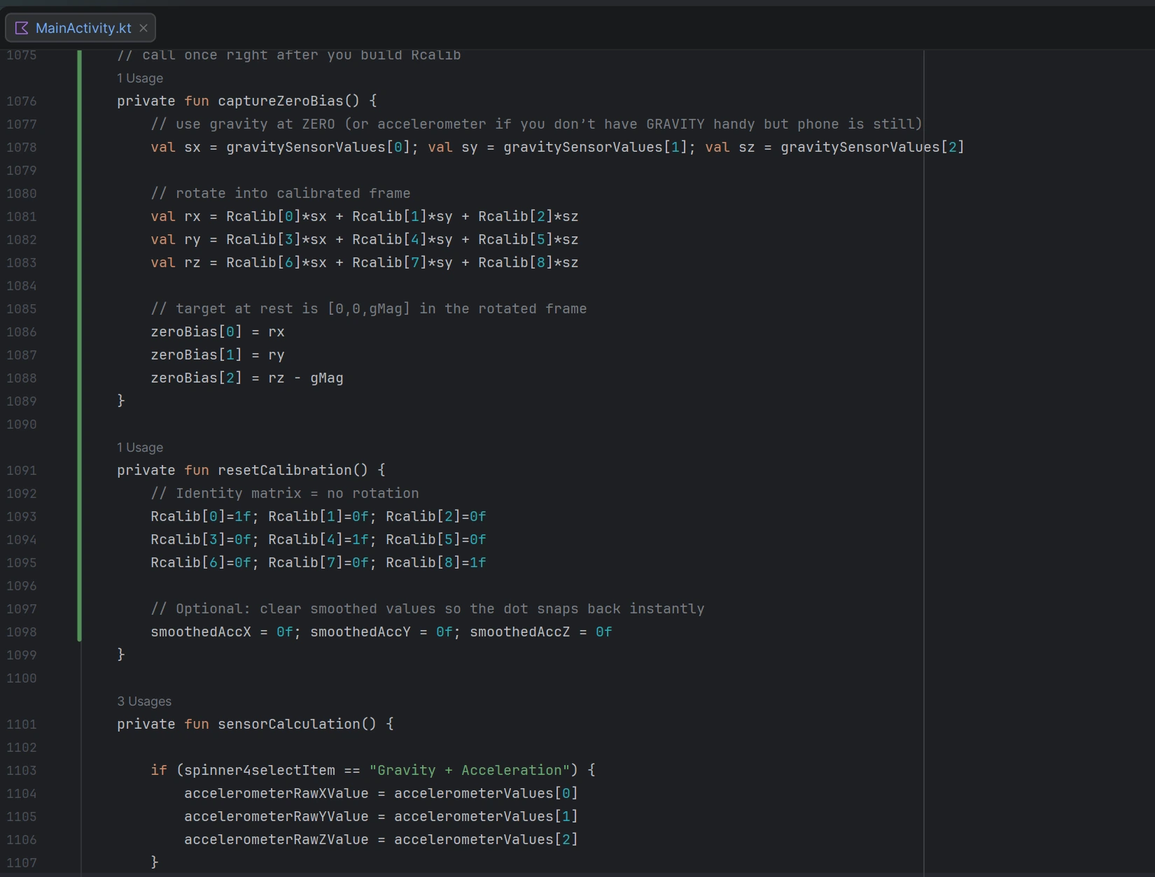 G-meter Kotlin source code for sensor calibration and measurement processing
